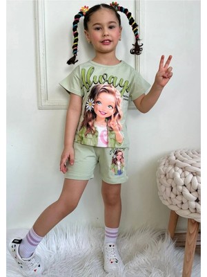 Pjkskt Always Believe Desenli Yeşil Şortlu Kız Çocuk Kısa Kol Takım 7552-Y