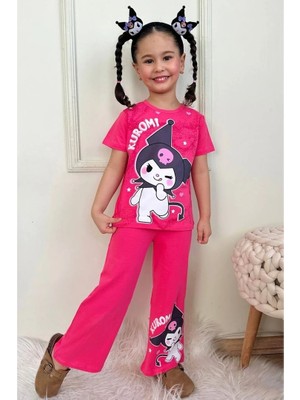 Pjkbp Kuromi Desenli Fuşya Bol Paça Kız Çocuk Kısa Kol Takım 3-10 Yaş 7618-F