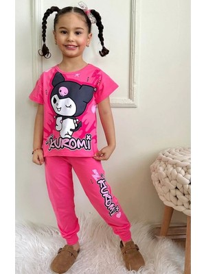 Pjkke Kuromi Desenli Fuşya Eşofmanlı Kız Çocuk Kısa Kol Takım 3-10 Yaş 7456-F