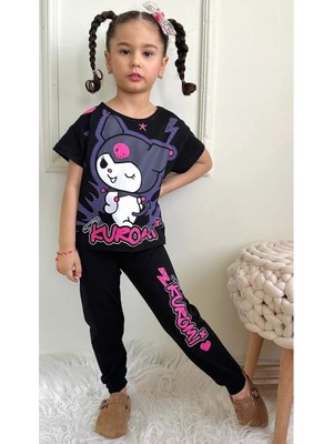 Pjkke Kuromi Desenli Siyah Eşofmanlı Kız Çocuk Kısa Kol Takım 3-10 Yaş 7456-S