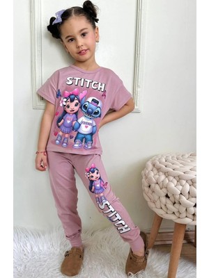 Pjkke Stitch Desenli Gül Kurusu Eşofmanlı Kız Çocuk Kısa Kol Takım 3-10 Yaş 7451-GK