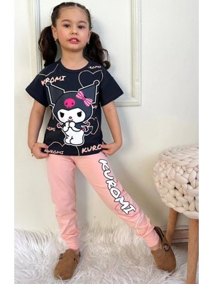 Pjkke Kuromi Desenli Somon Eşofmanlı Kız Çocuk Kısa Kol Takım 3-10 Yaş 7411-S