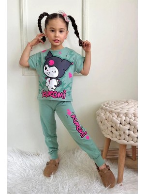 Pjkke Kuromi Desenli Yeşil Eşofmanlı Kız Çocuk Kısa Kol Takım 3-10 Yaş 7456-Y