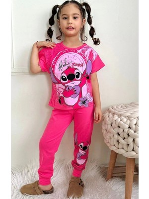 Pjkke Stitch Desenli Fuşya Eşofmanlı Kız Çocuk Kısa Kol Takım 3-10 Yaş 7434-F