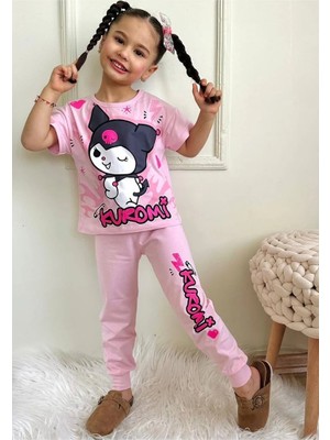 Pjkke Kuromi Desenli Pembe Eşofmanlı Kız Çocuk Kısa Kol Takım 3-10 Yaş 7456-P