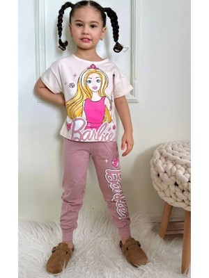 Pjkke Barbie Desenli Gül Kurusu Eşofmanlı Kız Çocuk Kısa Kol Takım 3-10 Yaş 7494-GK