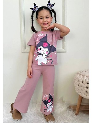 Pjkbp Kuromi Desenli Gül Kurusu Bol Paça Kız Çocuk Kısa Kol Takım 3-10 Yaş 7618-GK