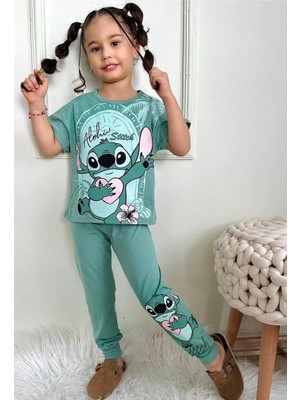 Pjkke Stitch Desenli Yeşil Eşofmanlı Kız Çocuk Kısa Kol Takım 3-10 Yaş 7434-Y