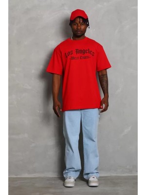 Unisex Oversize Baskılı Bisiklet Yaka T-Shirt - Kırmızı