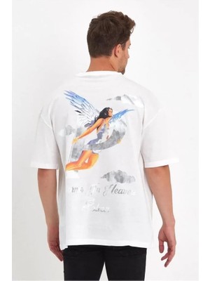 Erkek Melek Baskılı Oversize T-Shirt - Beyaz
