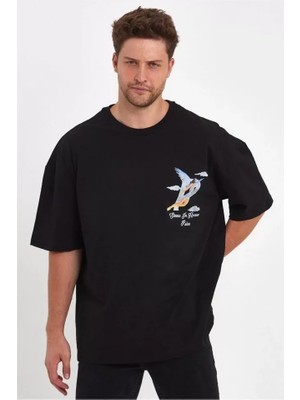 Erkek Melek Baskılı Oversize T-Shirt - Siyah
