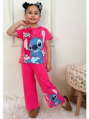 Pjkbp Stitch Desenli Fuşya Bol Paça Kız Çocuk Kısa Kol Takım 3-10 Yaş 7617-F