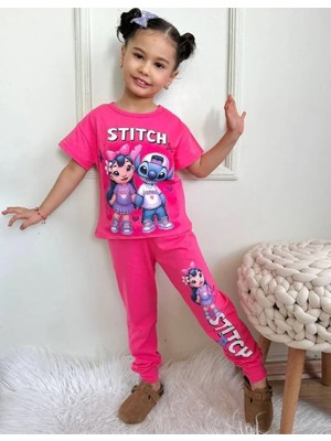 Pjkke Stitch Desenli Fuşya Eşofmanlı Kız Çocuk Kısa Kol Takım 3-10 Yaş 7451-F