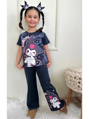 Pjkbp Kuromi Desenli Siyah Bol Paça Kız Çocuk Kısa Kol Takım 3-10 Yaş 7618-S