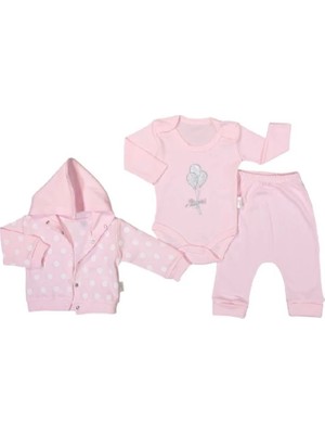 Balonlu 3lü Kız Bebek Takım %100 Pamuk Pembe 1206-P