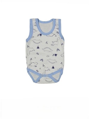 %100 Pamuk Geniş Askılı Dinazorlu Çıtçıtlı Bebe Zıbın 0-36 Ay Mavi 118755-M