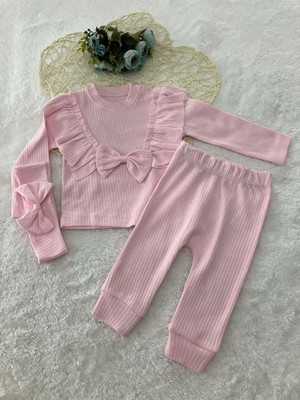 %100 Pamuk Pembe Fiyonklu Fırfırlı Bandanalı Kız Takım 6-9-12-18 Ay 32213-P