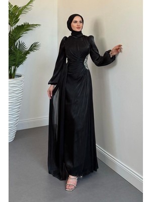 Nola Yanı Taşlı Jan Jan Abiye Siyah