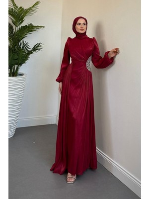 Nola Yanı Taşlı Jan Jan Abiye Bordo