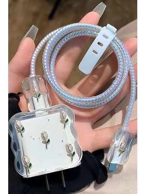 18W/20W Apple iPhone Uyumlu Lale Desenli Şarj Aleti Koruyucu Şarj Kablosu Örme Aparatlı Koruyucu Toparlayıcı