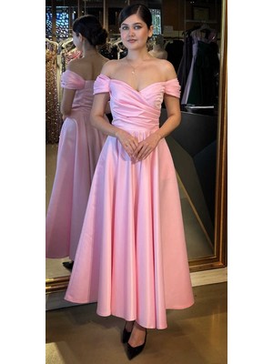 Pembe Madonna Yaka Kloş Etekli Saten Midi Abiye Elbise 7672