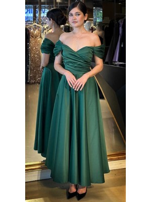 Yeşil Madonna Yaka Kloş Etekli Saten Midi Abiye Elbise 7672