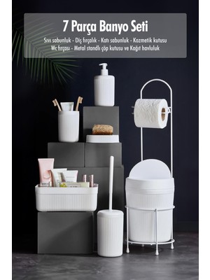 7 Parça Beyaz Banyo Seti Metal Stantlı Kovalı Wc Kağıtlık Kozmetik Kutusu Diş Fırçalık ve Sabunlukla