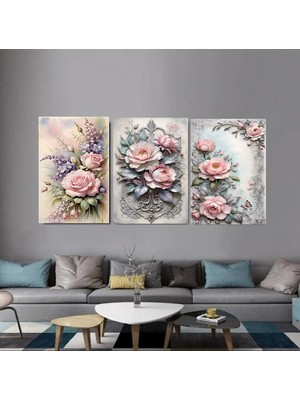 Özkacar Group Pembe Özel Tasarım 3lü Set Çiçek Kanvas Tablo Ev Duvar Salon Ofis Dükkan Hediyelik Dekarasyon Süsü
