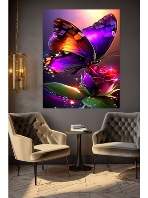 Özkacar Group Gül'e Konan Kelebek Kanvas Tablo Ev Duvar Salon Ofis Dükkan Hediyelik Dekarasyon Süsü