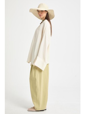 Yağ Yeşili %100 Pamuk Oversize Tasarım Pantolon 29210