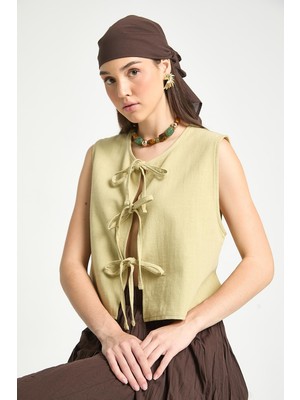 Yağ Yeşili Bağcıklı Kısa %100 Pamuk Yelek 29204