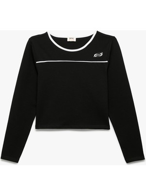 Pamuklu Uzun Kollu Bisiklet Yaka Crop Tişört