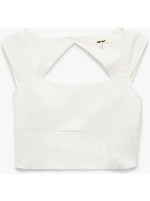 Arkası Pencere Detaylı Kare Yaka Kolsuz Keten Crop Bluz