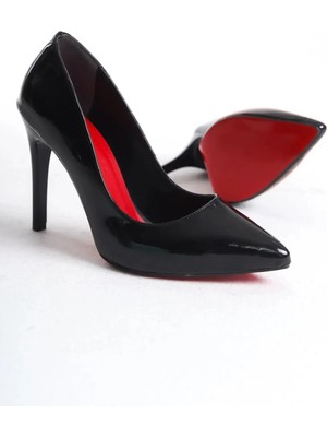 Diggo Kırmızı Siyah Rugan Sivri Topuklu Kadın Ayakkabı İnce Topuk 8 cm Yükseklik