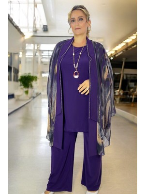 Astarsız Taş Işlemeli Şal Yaka Ceket  Buzzy Kumaş Bluz +  Pantolon Büyük Beden 3lü Takım