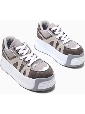 Alvi Gri Deri Detaylı Kadın Sneakers