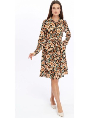 Apsen Kadın Taba Çiçek desenli Önden Düğmeli Viscon Elbise 4426-100