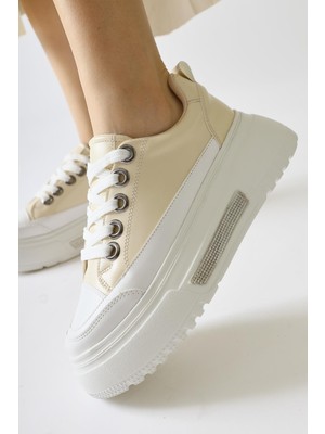 Rosella Bej Kalın Tabanlı Taş Detaylı Bağcıklı Sneakers