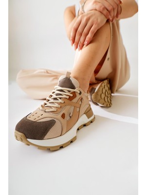 Siska Bej-Kahve Bağcıklı Yüksek Taban Sneakers