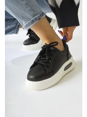 Loura Siyah Deri Desenli Havalı Taban Bağcıklı Sneakers