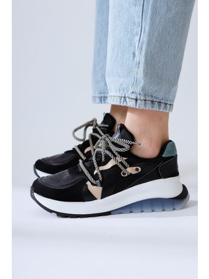 Takako Siyah Süet-Deri Bağcıklı Spor Ayakkbı