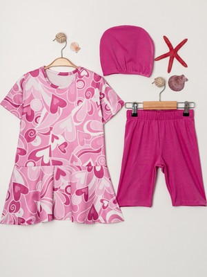 Kız Çocuk Bisiklet Yaka Etekli Mayo ve Tayt Bone Dahildir.