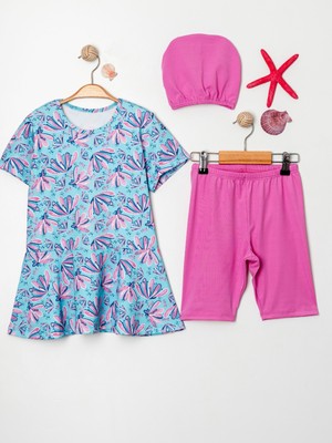 Kız Çocuk Bisiklet Yaka Etekli Mayo ve Tayt Bone Dahildir.