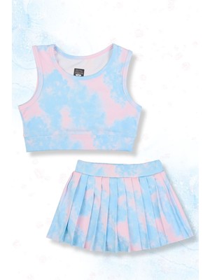  Kız Çocuk Kabartmalı Şort Etekli Crop Sporcu Mayo Takım