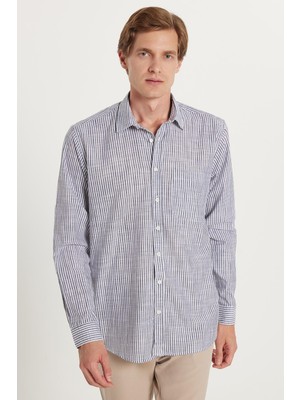 Erkek Regular Fit Klasik Kesim Uzun Kollu %100 Pamuk Keten Doku Tek Cepli füme Çizgili Gömlek