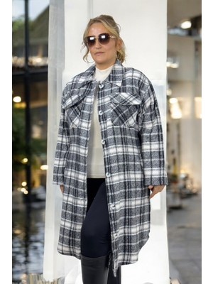 Önden Düğmeli Kuşak Detaylı Oduncu Kumaş Büyük Beden Tunik Elbise