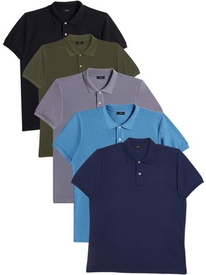 Erkek 5'li Paket Lacivert-Mavi-Gri-Haki-Siyah Slim Fit Pamuklu Düz Pike Polo Yaka Tişört