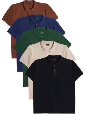 Erkek 5'li Paket Kahverengi-Lacivert-Koyu Yeşil-Taş-Siyah Slim Fit Pamuklu Düz Pike Polo Yaka Tişört