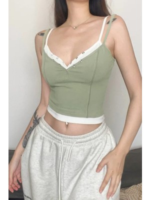 Kara Kedi Haki Ek Parçalı Gotik Y2K Yeşil Çift Askılı Crop