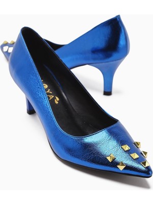 Anni Lacivert Parlak Kırışık Rugan Piramidal Zımbalı Topuklu Kadın Ayakkabı